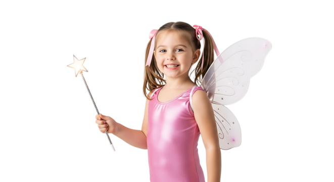A cute girl in a pink fairy costume with butterfly wings and pigtails, holding a magic wand, smiling happily.