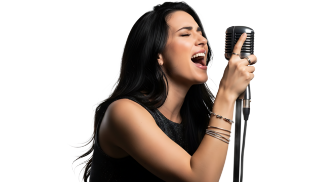 Passionate woman singing into an vintage microphone with intensity, showcasing her musical talent on a black background.