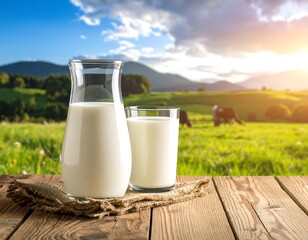 Milk in a carafe and glass with cows in a sunny meadow