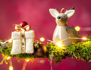Festive reindeer and gift on moss with bokeh lights against red.