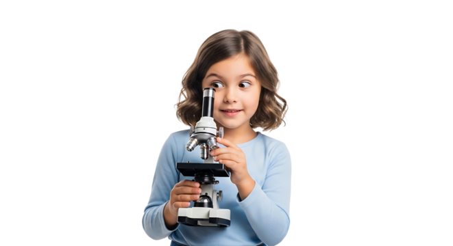 A bright-eyed girl curiously peers through a microscope, her face alight with the wonder of scientific discovery. 