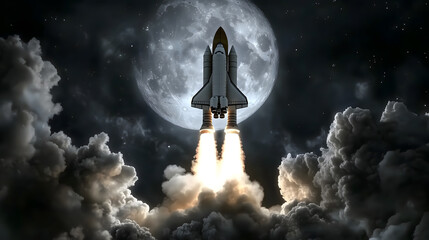 Shuttle ascends from a sea of clouds with fire and smoke below, a bright moon shines near the nose as it climbs into space.