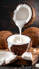 Milk pouring from a halved coconut, other coconuts in the background