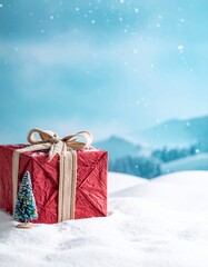 Red Christmas gift box with ribbon in snowy outdoor scene.