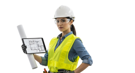 Confident construction worker, helmet, safety glasses, and hi-vis vest holding blueprint and tablet with floor plan.