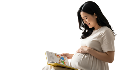 A radiant pregnant woman shares the joy of reading with her unborn child, embracing the beauty of motherhood.