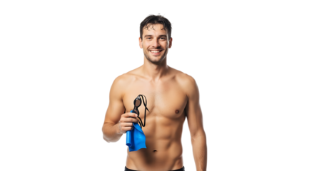 Swimmer smiling with goggles and towel, looking at the camera with a confident and athletic image after a workout.
