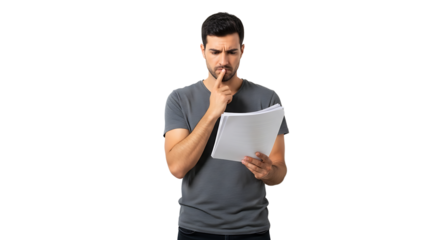 Man intently reviewing paperwork with concerned expression and his finger on his mouth in front of a dark background.