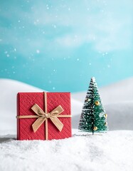 Red gift box with a small Christmas tree in snowy landscape