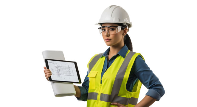 Female construction engineer in safety wear holding a blueprint and tablet with a floor plan on the screen.