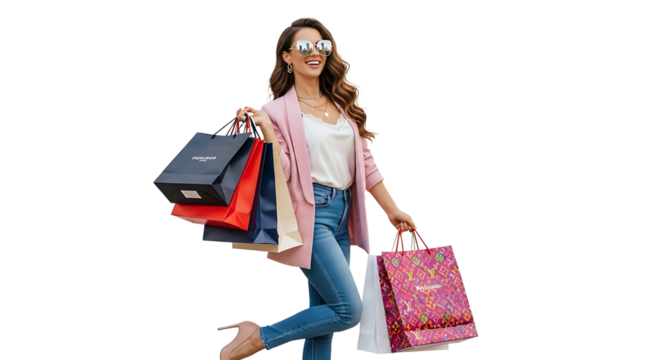 A cheerful woman is out shopping with multiple shopping bags, sporting a pink blazer, jeans, and stylish sunglasses.