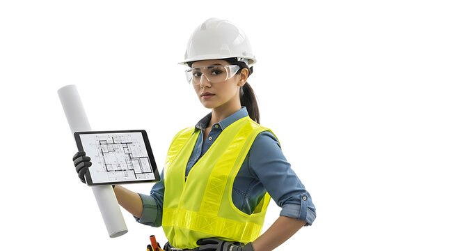Confident construction worker, helmet, safety glasses, and hi-vis vest holding blueprint and tablet with floor plan.