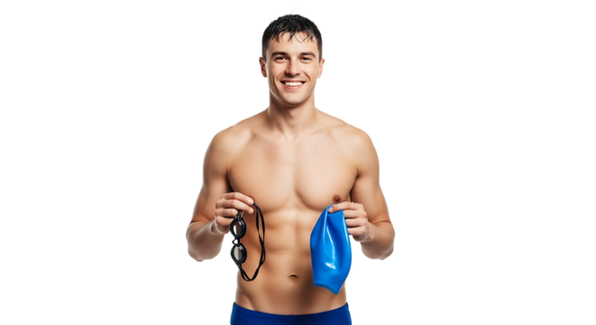 Swimmer smiles holding swim cap and goggles, ready to compete. Preparing for the thrill of an aquatic competition. - Powered by Adobe