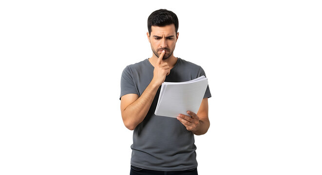 Man intently reviewing paperwork with concerned expression and his finger on his mouth in front of a dark background.