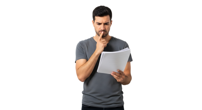 Man intently reviewing paperwork with concerned expression and his finger on his mouth in front of a dark background.