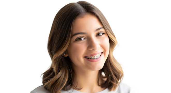 A smiling, youthful face radiates positivity, enhanced by subtle braces and flowing, light brown wavy hair and a white top.