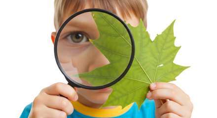 A young boy, with a curious gaze, explores the intricate details of a green leaf through a magnifying glass. 
