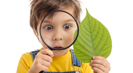 A child looks through a magnifying glass with big eyes and holds a green leaf to explore the world of nature.