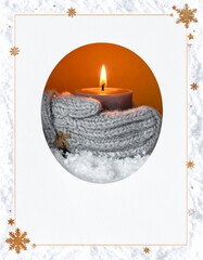 Warm mittens holding a candle against a warm orange background.