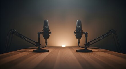 Two professional microphones sit on a wooden surface, ready for recording.