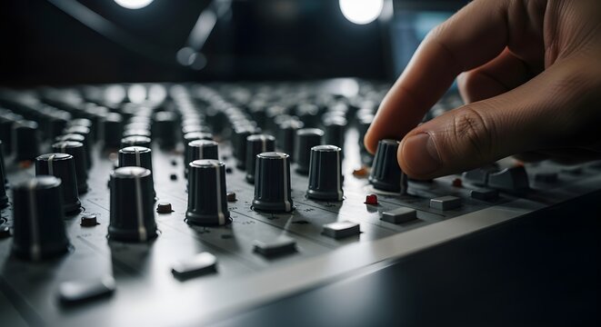 A hand adjusts a knob on a professional audio mixing console.