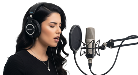 Focused singer recording a track wearing headphones in the studio, capturing emotion and passion in her performance.
