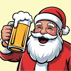 Smiling Santa Claus Toasting with a Mug of Beer,Santa Drinking Beer Illustration, Jolly Santa Cheers Graphic, Cartoon Portrait of Santa Holding a Foaming Beer Stein