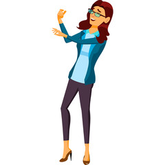 Pixel Art Woman Wearing Blue Jacket and Glasses Smiling and Holding Up a Small Object with a Transparent Background
