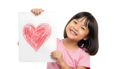Adorable girl proudly shows off a drawing of a big red heart, radiating joy and innocence in her heartfelt artwork.