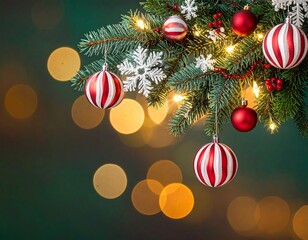 Christmas ornaments hanging on fir branch with bokeh lights effect.