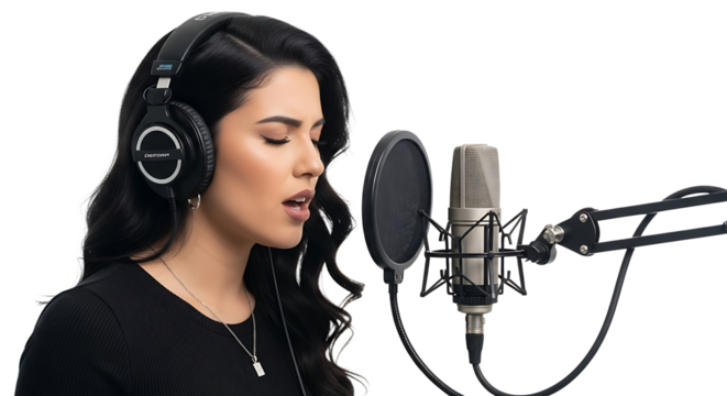 Focused singer recording a track wearing headphones in the studio, capturing emotion and passion in her performance.