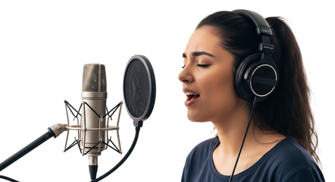 A woman is singing with headphones on, using a microphone, in front of a black background, looking inspired and happy. 
