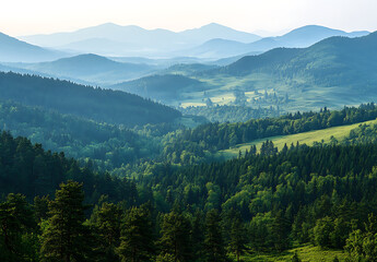Fototapeta premium Misty mountain landscape with rolling green hills and dense forest