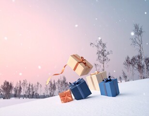 Gifts falling on a snowy hill with a warm, serene winter aesthetic.