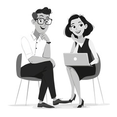 Smiling man and woman sitting with a laptop, brainstorming ideas,isolated on a transparent background (2)