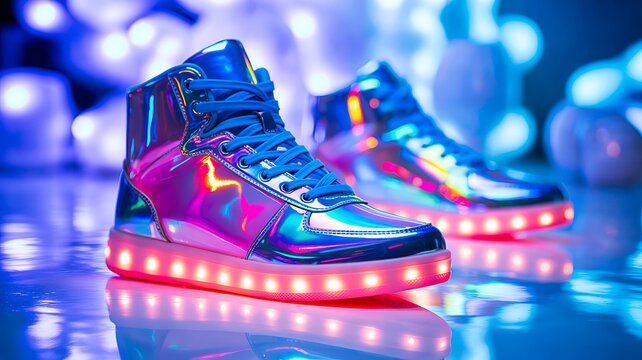 Futuristic shiny sneakers with glowing led lights symbolizing fashion style and modern design
 - Powered by Adobe