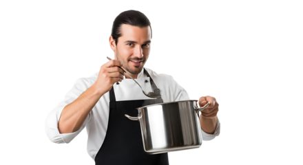Chef smiles as he holds a steaming pot and tastes the food with a spoon, excited to share his culinary creation.