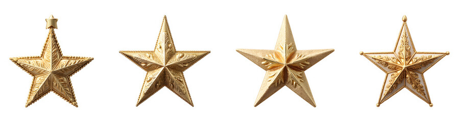 Golden star Christmas decorations isolated shiny holiday ornament isolated on transparent background.