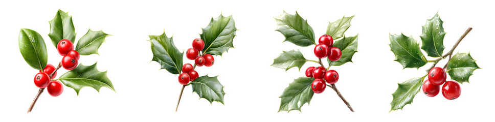 Watercolor Holly leaves and red berries festive Christmas decoration isolated on transparent background.