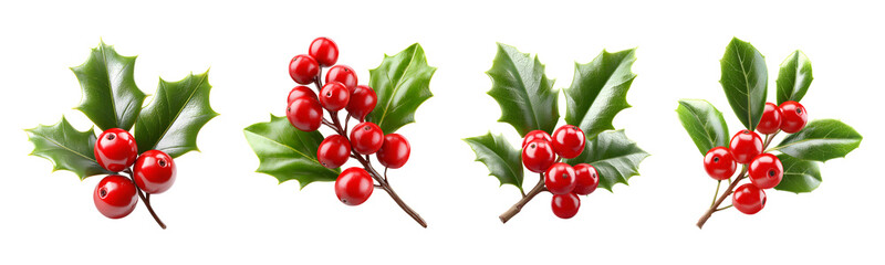 Holly leaves and red berries festive Christmas decoration isolated on transparent background.