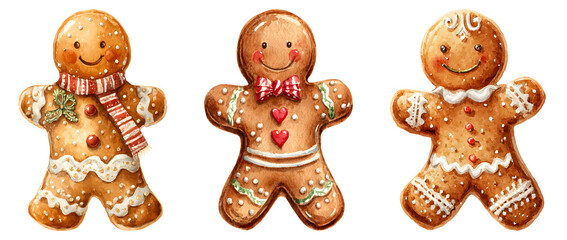 Watercolour gingerbread man cookie Christmas dessert isolated transparent background.