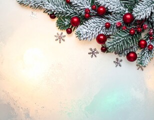 Snowy fir branch with red berries against a creamy, blurred backdrop.