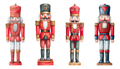 Watercolor nutcracker soldier Christmas decoration isolated transparent background.