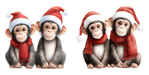Watercolor monkey wearing Santa hat and scarf festive Christmas isolated transparent background.
