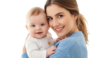 A radiant mom, with blonde ponytail, in a blue sweater, embraces her smiling baby with love and tender care.