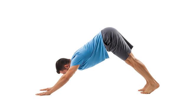 A man performing the downward-facing dog yoga position, stretching and engaging his entire body on a black surface. - Powered by Adobe