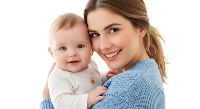 A radiant mom, with blonde ponytail, in a blue sweater, embraces her smiling baby with love and tender care.