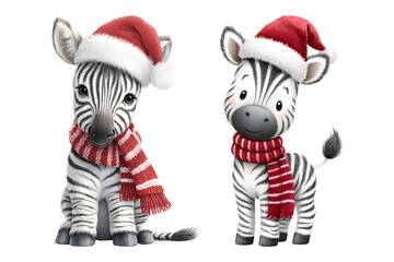 Watercolor zebra wearing Santa hat and red scarf cute Christmas holiday isolated transparent background.