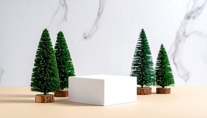 Miniature evergreen trees framing a white cube on a cream surface
