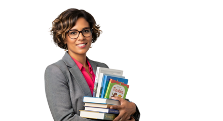 Confident educator holding books in her arms, ready to teach and inspire students in their academic journey.